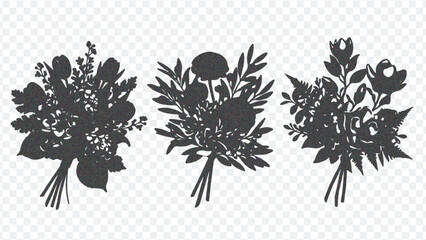 Three distinct black floral bouquet silhouettes with varying shapes and foliage, set against a clean white backdrop.