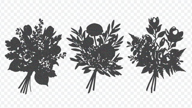 Three distinct black floral bouquet silhouettes with varying shapes and foliage, set against a clean white backdrop.