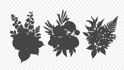 Three distinct black floral silhouette designs, featuring leaves and blooms, set against a clean white backdrop for artistic use.