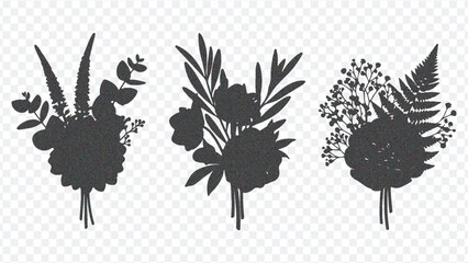 Three distinct black silhouette designs of floral bouquets, each with unique leaves and flowers, set against a white backdrop.