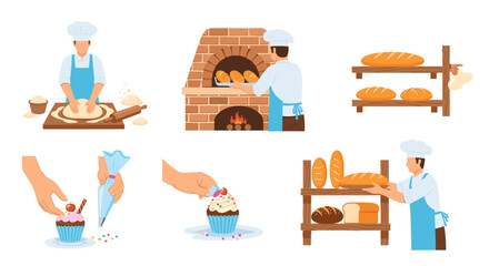 Delightful bakery scene featuring chefs crafting bread and cupcakes with passion and skill, a vector kitchen creation