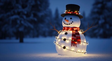 Obraz premium A joyful snowman adorned with lights and a scarf brightens a snowy winter evening.
