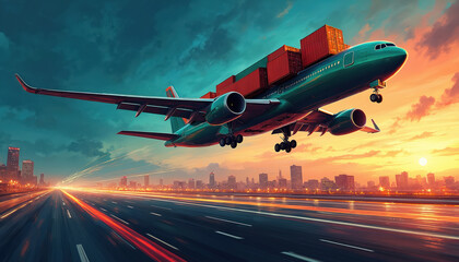 Fototapeta premium Cargo airplane soaring over cityscape at dusk. Dynamic motion blur captures speed, transport. Intense sunset hues illuminate aircraft, runway. Illustrative style conveys global logistics, trade.