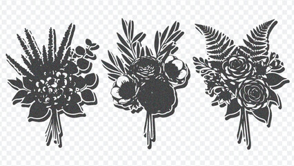Three distinct black-and-white floral bouquet illustrations with varied foliage and flowers, perfect for artistic designs and prints.