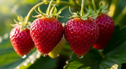 Ripe strawberries growing on a green stem in sunlight.