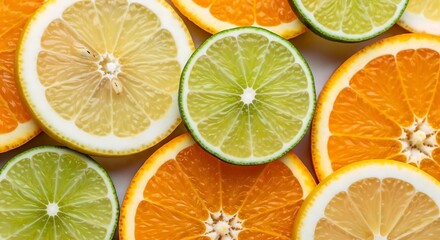 Obraz premium Slices of citrus fruits including oranges and limes in bright light.