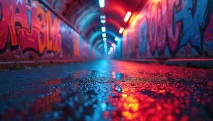 Neon-lit tunnel street reflects vibrant graffiti art, rain. Intense red, blue lights illuminate wet asphalt path, creating urban atmosphere. Image evokes futuristic cityscapes, underground