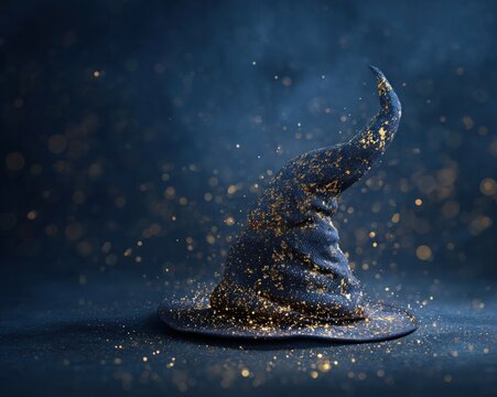 Magical witch hat with mysterious sparkles on dark blue background, copy space