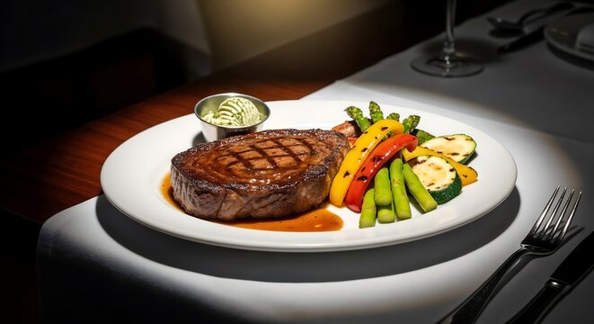 Grilled steak with vegetables on a white plate in a restaurant.