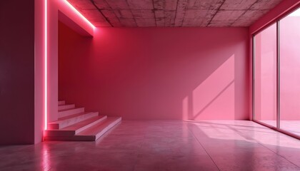 Modern empty room with pink walls, concrete floor. Minimalist interior features stairs, large window with sunlight. Neon led light illuminates fuchsia industrial loft apartment, contemporary