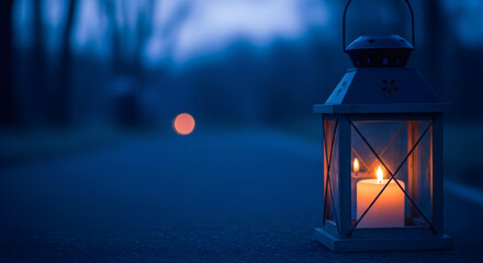 A close-up, low-angle shot features a vintage-style lantern resting on an asphalt or paved path during twilight or nighttime.