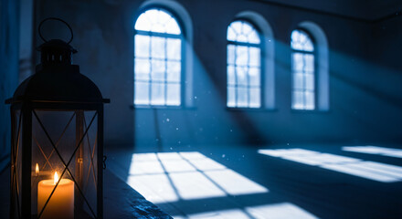 A low-light photograph captures an indoor scene dominated by shades of deep blue and contrasting warm yellow light. In the foreground to the left, there is an antique-style metal and glass lantern.