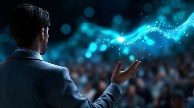 Back view of faceless presenter gesturing toward a glowing data visualization, audience defocused in soft blue light, with copy space. - Powered by Adobe