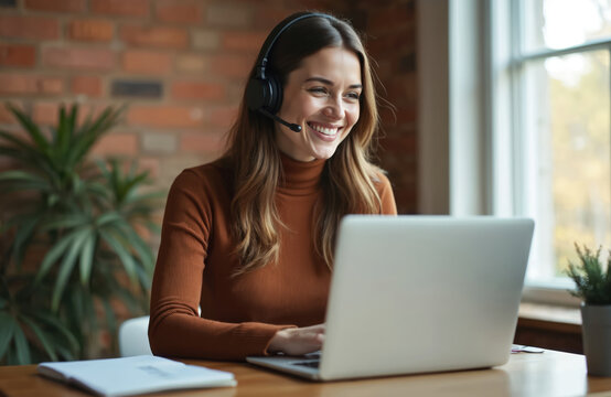 Young woman in headset smiles, uses laptop on desk. Works from home office, engages in online video call e-learning. Modern remote work, customer support, digital education trends. Happy girl