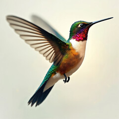 Fototapeta premium Colorful hummingbird flies on light background. Tiny bird hovers with wings spread in flight. Beautiful small colibri vibrant green, red feathers. Tropical avian wildlife illustration with long thin