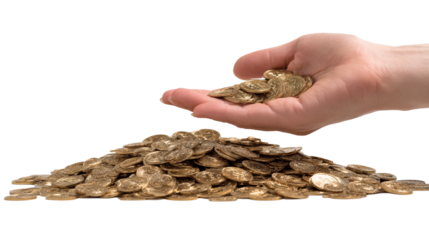 Coins spilled from a hand onto a large pile, showcasing a mix of shiny golden coins in a bright setting