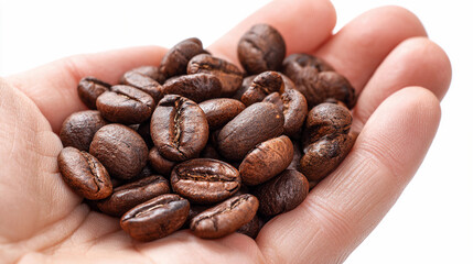Hand holding a collection of roasted coffee beans, showcasing their rich texture and color in natural light for a coffee enthusiast’s enjoyment