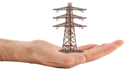 Hand holding a miniature power line tower symbolizing energy and infrastructure concepts