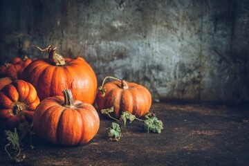 Many orange pumpkins on rustic background, autumn holidays Halloween theme
