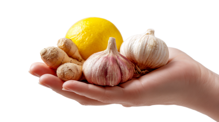 Fresh produce including ginger, garlic, and lemon is held in a hand with focus on health benefits and culinary uses