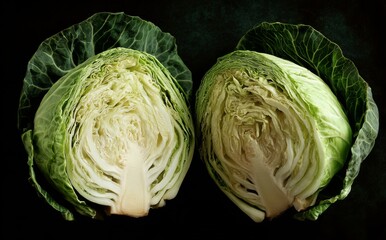 Fototapeta premium Fresh Green Cabbage Cut in Half Showing Detailed Layers and Texture of Vegetable