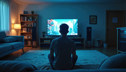 Back view of young man seated on couch engrossed in video game on large screen. Dim room, blue light illuminates scene digital entertainment, potential gaming addiction. Focus on leisure time,