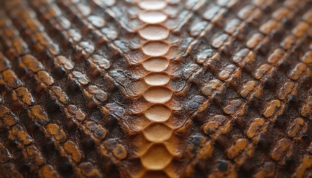 Closeup of brown snake leather texture with natural scales detail. Wild reptile skin creates detailed abstract pattern. Exotic python surface luxury animal print material for fashion, wallpaper