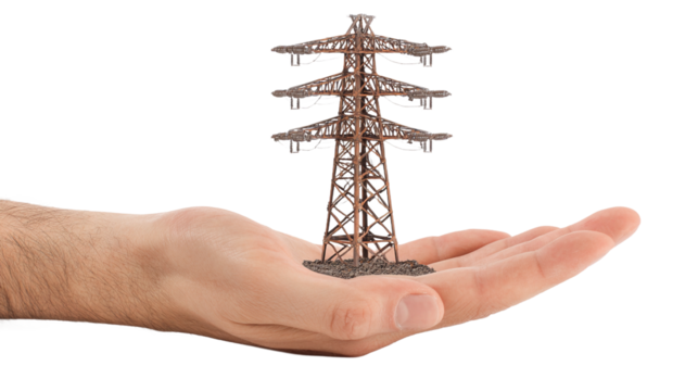 Hand holding a miniature power line tower symbolizing energy and infrastructure concepts