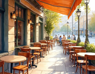 Naklejka premium Sidewalk cafe on sunny european city street. Empty tables on outdoor restaurant terrace in morning light. People relax at cozy eatery under orange awning. Watercolor illustration urban lifestyle,