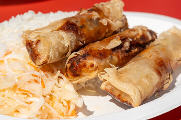 Fried spring rolls. Crispy springrolls, roasted egg rolls with boiled rice and cabbage salad