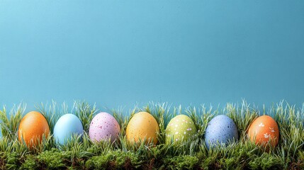 Fototapeta premium Colorful Easter Eggs Arranged on Green Grass Against a Blue Background