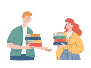 Young readers giving and receiving books. Concept of charity, recycling, and sustainable knowledge exchange. Exchange, donation, buying books. Education and knowledge concept.
