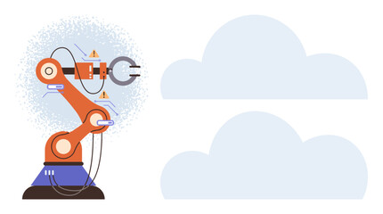 Robotic arm with cables, safety warnings, and industrial components. Ideal for automation, AI, cloud technology, industrial processes, innovation IoT and modern engineering. Simple flat metaphor