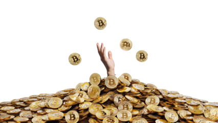 Hand reaching out from a pile of golden coins representing cryptocurrency as bitcoin floats above in a bright, white background during the digital currency boom