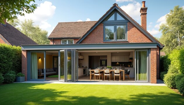 Modern home extension with large glass doors. Brick house with green lawn and patio. Kitchen dining area with table and chairs. Open plan living space with sliding glass doors.
