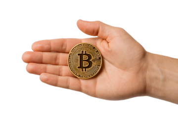 Hands holding a physical bitcoin coin representing cryptocurrency value in financial transactions and investments