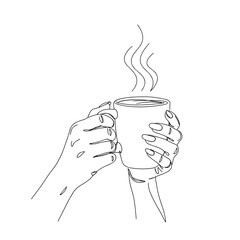 Coffee in hand line art illustration with steam for minimal lifestyle visuals
