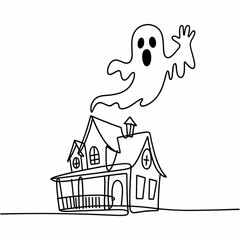 Halloween Ghost Floating Above Haunted House in One Continuous Line Art Style