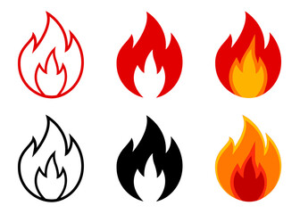 Fire and flame icon collection. minimal Vector icon for energy, fuel combustion, flammable warning symbol. flat Fire emblem vector illustration in line, silhouette and coloured style (Isolated)