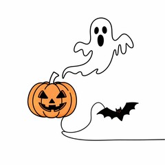 Minimalist Halloween Continuous Line Drawing Jack-O'-Lantern, Spooky Ghost, and Flying Bat.