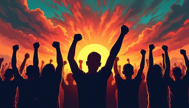 Group raises fists in solidarity against the sky during sunset. Silhouettes show people together in a crowd. It symbolizes protest and struggle for freedom.