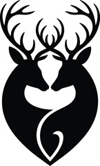 Elegant symmetrical silhouette of two deer heads facing each other forming a heart shape with their bodies and antlers creating a striking graphic design element silhouette