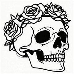 Black and White Skull with Rose Crown Line Art Illustration, Gothic Memento Mori Design.