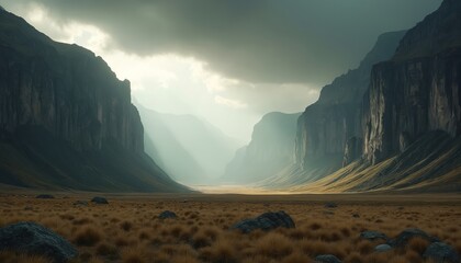 Large rugged canyon valley surrounded by rocky cliffs and mountains. Dry grass field with rocks in foreground. Cloudy sky with sun rays shining through clouds in background.