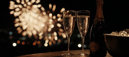 Celebration With Champagne Glasses and Fireworks Lighting up the Night Sky at a Festive Event