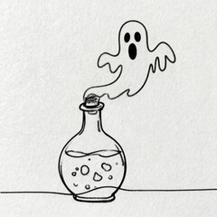 Black and White Continuous Line Doodle Frightened Ghost Spirit Emerging from a Corked Potion Bottle or Chemistry Flask