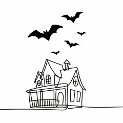 Spooky Haunted House Continuous Single Line Drawing with Bats Silhouette Flying Above, Perfect for Halloween Decoration