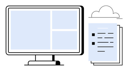 Computer monitor with organized content layout next to cloud and paper stack highlights teamwork, productivity, and digital storage. Ideal for collaboration, technology, cloud services, workflow