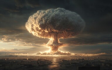 Powerful Explosion Forms Massive Mushroom Cloud Over the Ocean During Dramatic Sunset