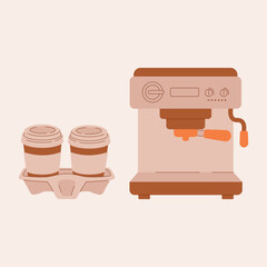 Coffee machine with two takeaway coffee cups illustration. Flat style, warm colors, perfect for cafe, coffee break or menu design.